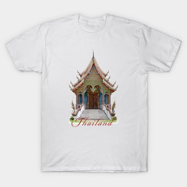 Typical traditional Thai Buddhist temple frontage with the word 'Thailand' written below. T-Shirt by Earthworx